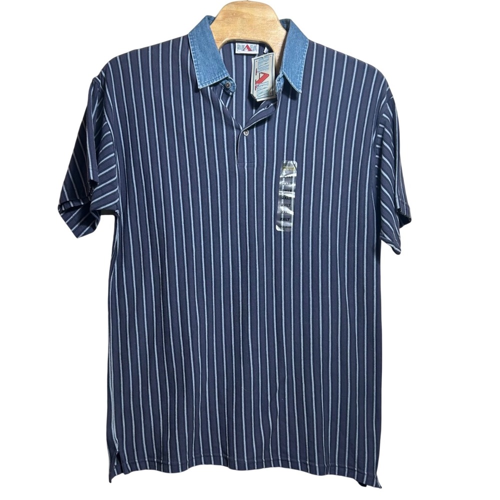 NEW DEADSTOCK Grade A Jeans Mens 2XLT Striped Polo Shirt Denim Collar Navy Blue